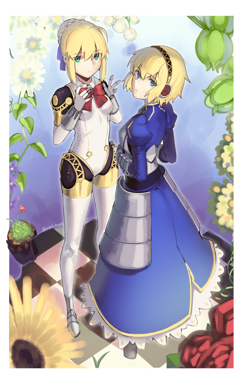 00s 2000s 2004 2006 2girls absurdres aegis_(persona) aegis_(persona)_(cosplay) ahoge android armor armored_dress artoria_pendragon_(all) atlus blonde_hair blue_dress blue_eyes blue_ribbon boa_(brianoa) bow braid capcom carnival_phantasm closed_mouth cosplay crossover decade_connection dress eyebrows_visible_through_hair fate/grand_order fate/stay_night fate_(series) flower french_braid green_eyes hair_between_eyes hair_ribbon headband headphones highres human humanoid_robot looking_at_viewer megami_tensei multiple_girls persona persona_3 red_bow red_neckwear ribbon robot robot_girl robot_joints saber saber_(cosplay) sega short_hair sonic_team twitter_username type-moon