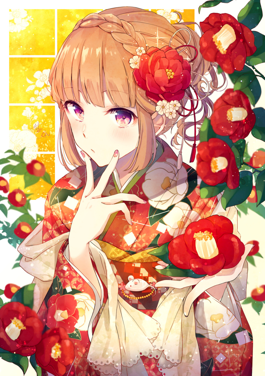 1girl bangs blush braid brown_hair commentary_request eyebrows_visible_through_hair floral_print flower goma_(11zihisin) hair_bun highres looking_at_viewer mouse original red_eyes red_flower red_nails solo