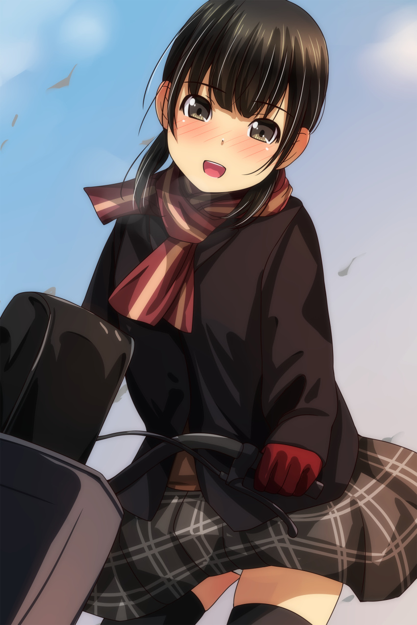 1girl :d absurdres bangs bicycle black_hair black_jacket black_legwear blazer blue_sky blush breath brown_eyes clouds day eyebrows_visible_through_hair gloves grey_skirt ground_vehicle highres jacket long_sleeves matsunaga_kouyou nose_blush open_mouth original outdoors panties pleated_skirt red_gloves red_scarf scarf school_uniform skindentation skirt sky smile solo thigh-highs underwear upper_teeth white_panties