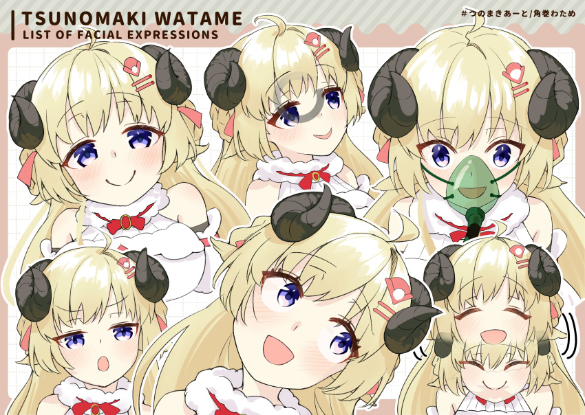 absurdres blonde_hair blue_eyes blush breasts buffering commentary_request english_text expressions hair_ornament hairclip highres hololive horns long_hair looking_at_viewer narita_tamezou nodding open_mouth sheep_horns sleeveless smile tsunomaki_watame virtual_youtuber
