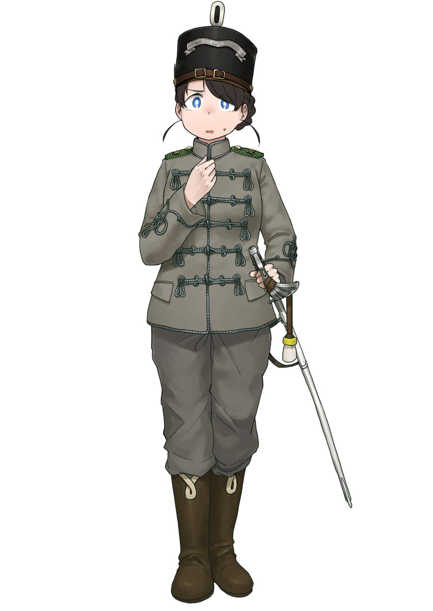 1girl absurdres anyan_(jooho) blue_eyes boots braid braided_bun brown_hair commentary_request full_body grey_jacket grey_pants hand_on_own_chest hat highres jacket korean_commentary long_sleeves looking_at_viewer mandarin_collar military military_uniform open_mouth original pants shako_cap simple_background solo standing sweatdrop sword uniform weapon white_background