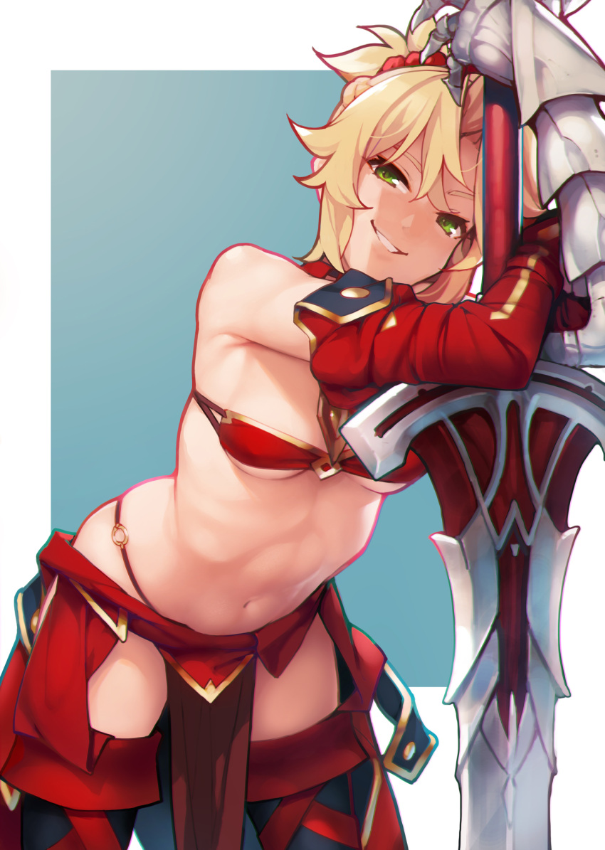 1girl ataruman blonde_hair braid breasts clarent cutoffs fate/apocrypha fate/grand_order fate_(series) french_braid gauntlets green_eyes hair_ornament hair_scrunchie highres micro_shorts mordred_(fate) mordred_(fate)_(all) navel ponytail red_scrunchie scrunchie shorts small_breasts smile sword weapon