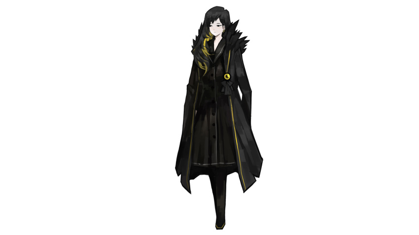 1girl binah_(library_of_ruina) black_eyes black_hair blonde_hair brooch buttons coat dress earrings fur_collar highres jacket_on_shoulders jewelry library_of_ruina long_coat long_hair looking_to_the_side multicolored_hair official_art open_clothes open_coat simple_background solo two-tone_hair