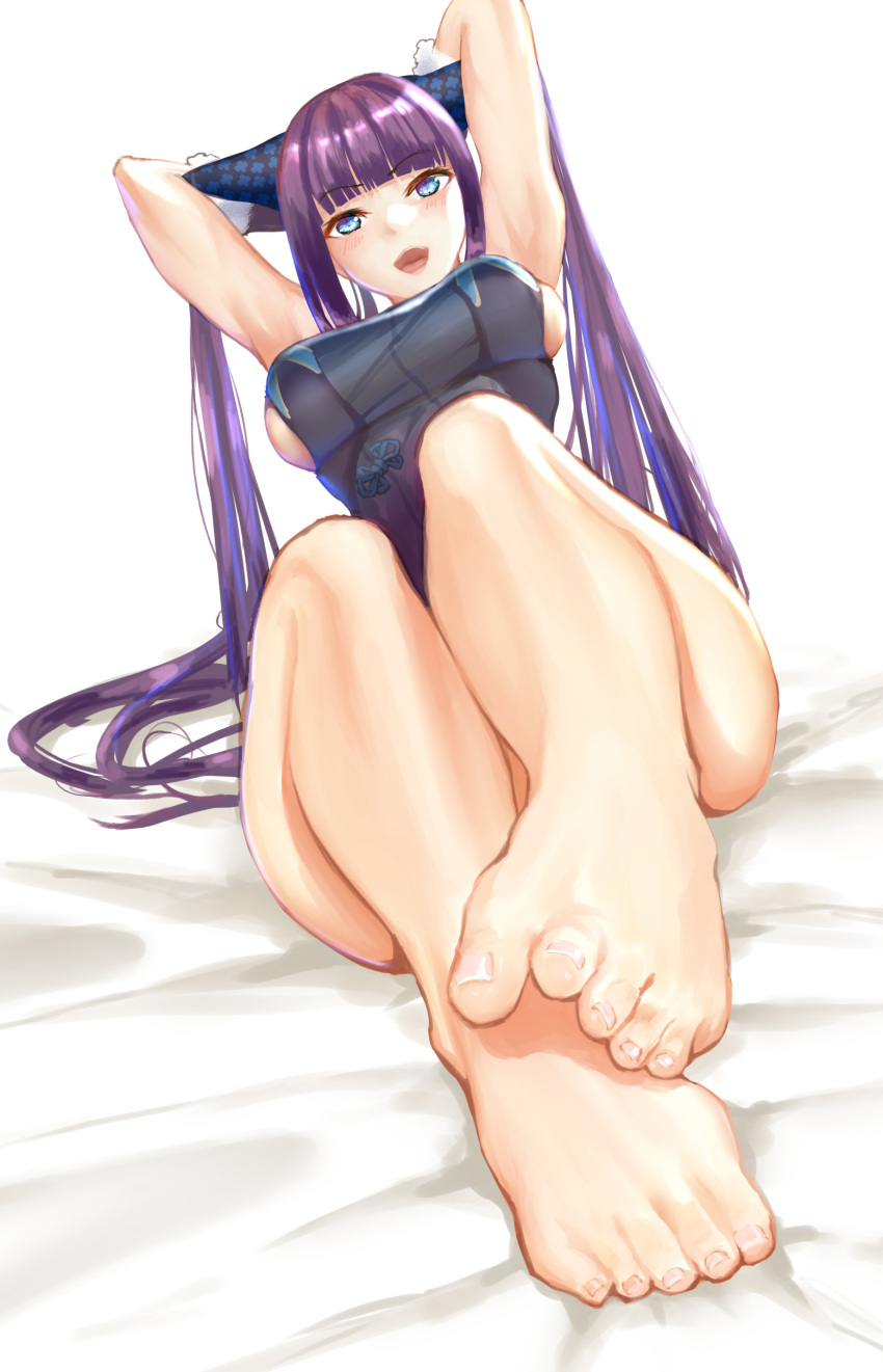 1girl absurdres arms_behind_head arms_up bangs bare_shoulders barefoot black_dress blue_eyes blunt_bangs blush breasts c.rabbit china_dress chinese_clothes detached_sleeves dress fate/grand_order fate_(series) feet hair_ornament highres knees_up legs long_hair looking_at_viewer open_mouth purple_hair sideboob sitting smile solo toes twintails yang_guifei_(fate/grand_order)