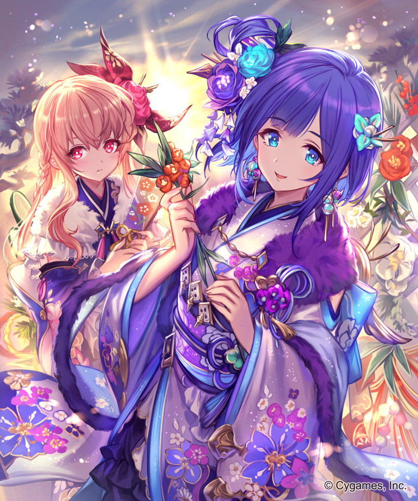 2girls blue_eyes blue_hair braid day detached_sleeves earrings floral_print flower frown hair_flower hair_ornament hatsumoude highres jewelry lee_hyeseung long_hair looking_at_viewer medium_hair multiple_girls official_art outdoors pink_hair red_eyes shingeki_no_bahamut smile standing watermark wide_sleeves