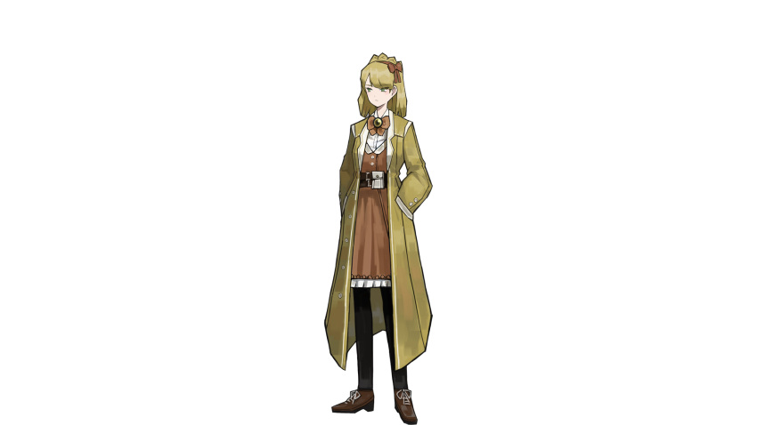 1girl black_legwear blonde_hair braid braided_bun brooch coat dress green_eyes hair_ornament hands_in_pockets highres jewelry lace library_of_ruina long_coat looking_to_the_side official_art open_clothes open_coat shirt simple_background solo tiphereth_(library_of_ruina)