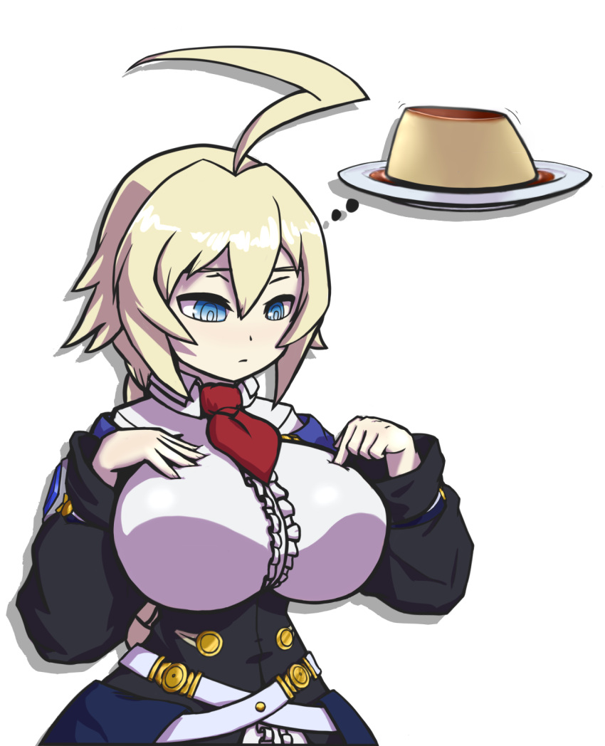 1girl ahoge asura_senki belt blazblue blue_eyes braid breasts commentary deep_skin english_commentary es_(xblaze) expressionless food highres huge_ahoge huge_breasts impossible_clothes multiple_belts necktie pudding red_neckwear ringed_eyes single_braid slender_waist solo thought_bubble underbust xblaze xblaze_code:_embryo