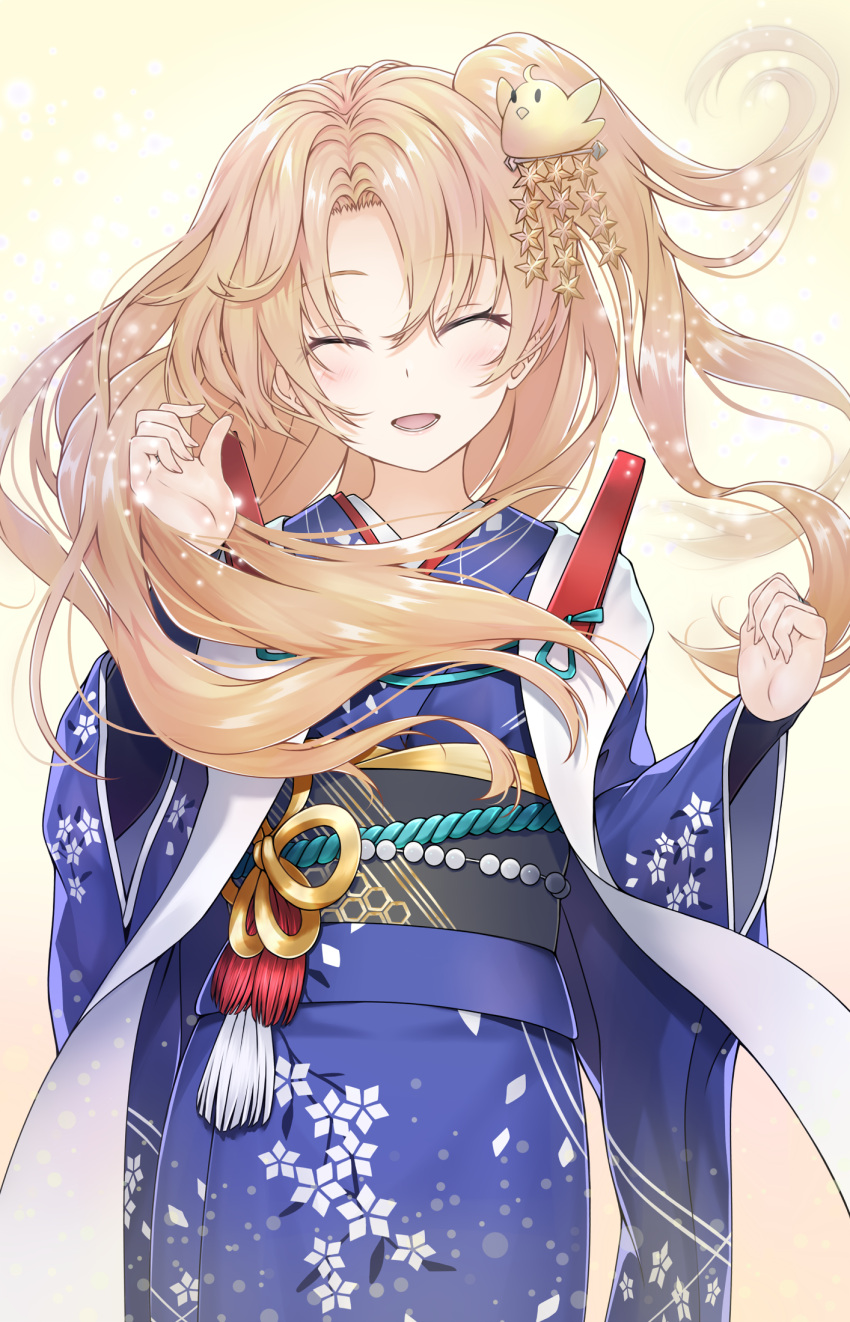 1girl :d ^_^ azur_lane bangs bird_hair_ornament blue_kimono blush cleveland_(azur_lane) closed_eyes commentary_request eyebrows_visible_through_hair facing_viewer floating_hair floral_print hair_between_eyes hair_ornament hajikaji highres japanese_clothes kimono light_brown_hair long_hair long_sleeves obi one_side_up open_mouth parted_bangs print_kimono sash smile solo very_long_hair wide_sleeves