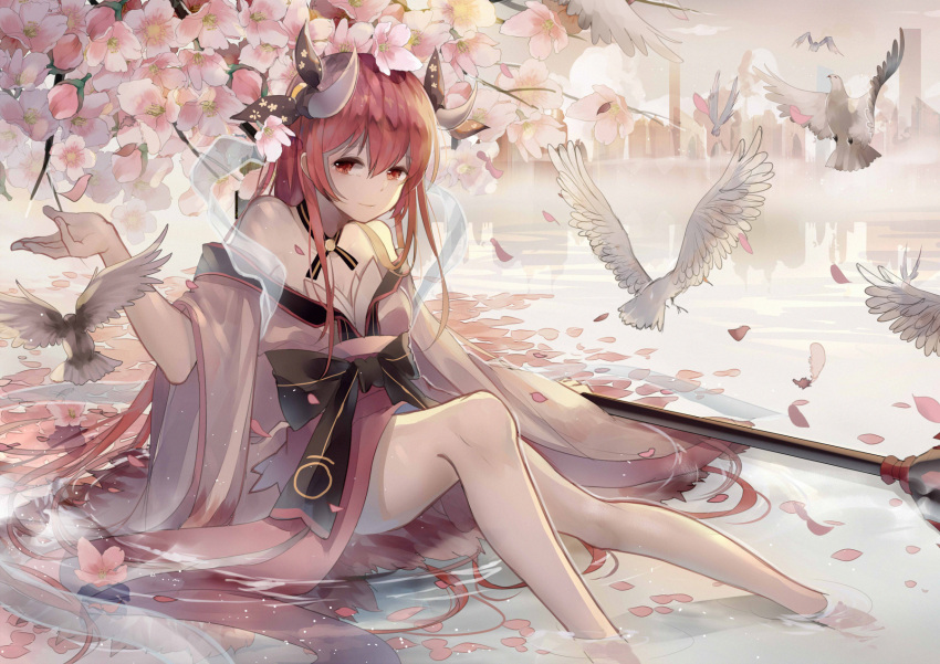 1girl bangs bird closed_mouth collarbone date_a_live flat_chest flower highres horns itsuka_kotori japanese_clothes kimono long_hair long_sleeves looking_at_viewer pink_flower pink_kimono red_eyes redhead sitting smile soaking_feet solo tadatsu very_long_hair wide_sleeves