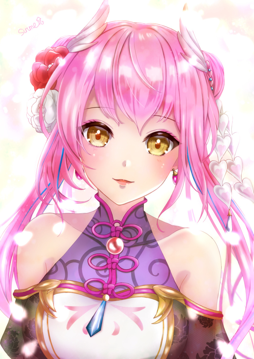 1girl bangs double_bun earrings flower hair_flower hair_ornament heart heart_hair_ornament highres jewelry long_hair looking_at_viewer luxunshangxiang pink_hair red_flower see-through shiny shiny_hair shironeko_project smile solo twintails upper_body white_background white_flower yellow_eyes