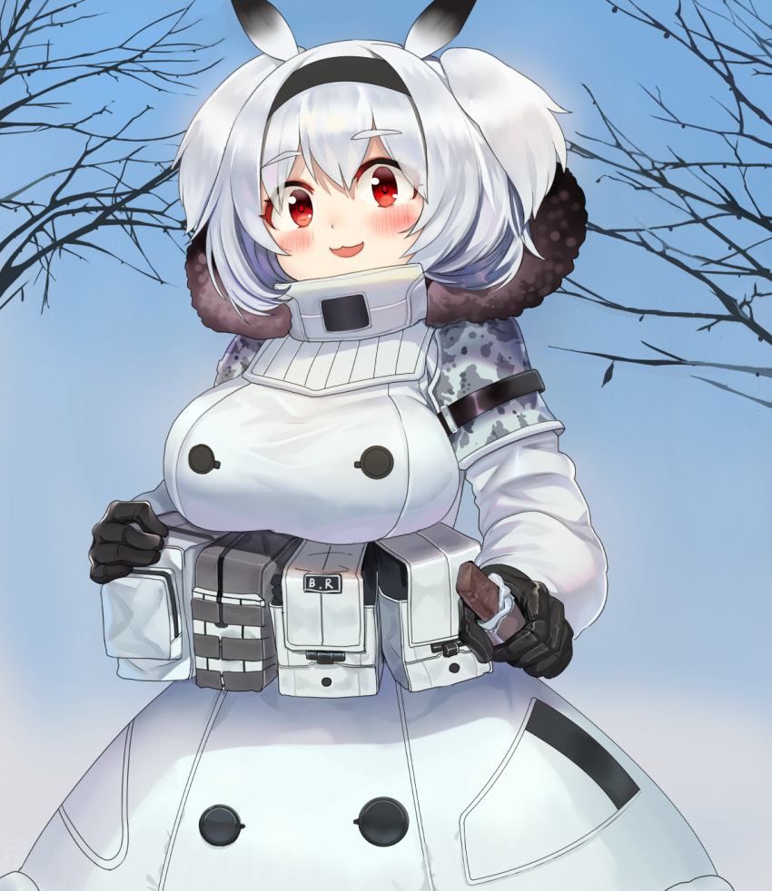 1girl :3 belt blush bogdae breasts candy chocolate_bar coat day eyebrows_visible_through_hair food fur_jacket highres holding_candy last_origin long_hair looking_at_viewer looking_down oppai_loli outdoors red_eyes snickers solo t-13_alvis two_side_up utility_belt white_hair