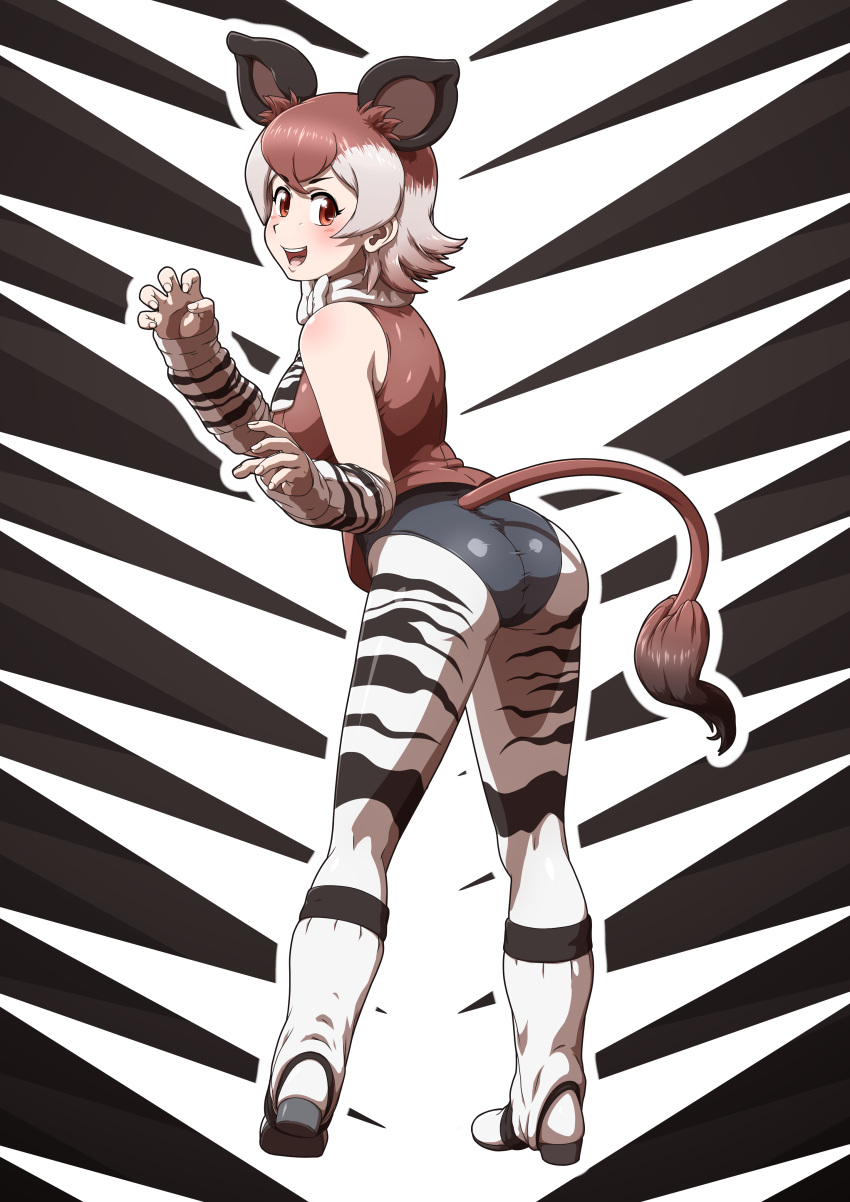 1girl :d absurdres acesrulez animal_ears animal_print ass bangs bare_shoulders bow bowtie brown_eyes brown_hair claw_pose detached_sleeves extra_ears eyebrows_visible_through_hair fingernails flipped_hair from_behind grey_hair hands_up highres impossible_clothes impossible_shorts kemono_friends leaning_forward legwear_under_shorts looking_at_viewer looking_back medium_hair multicolored_hair ocelot_print okapi_(kemono_friends) okapi_ears okapi_tail open_mouth pantyhose print_legwear print_sleeves shirt shoes short_shorts shorts sidelocks skin_tight sleeveless sleeveless_shirt sleeves_past_wrists smile solo standing tail tail_through_clothes twisted_torso two-tone_hair upper_teeth
