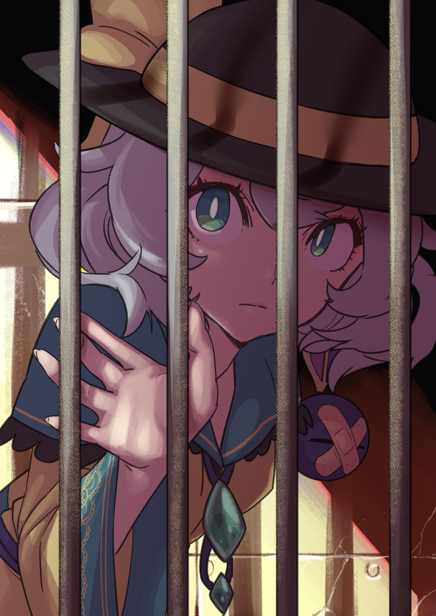 1girl absurdres bandaid black_headwear bow bright_pupils curly_hair green_eyes hat highres iron_bars kawayabug komeiji_koishi lace lace-trimmed_collar lace_trim leaning_forward looking_at_viewer shadow silver_hair solo third_eye touhou