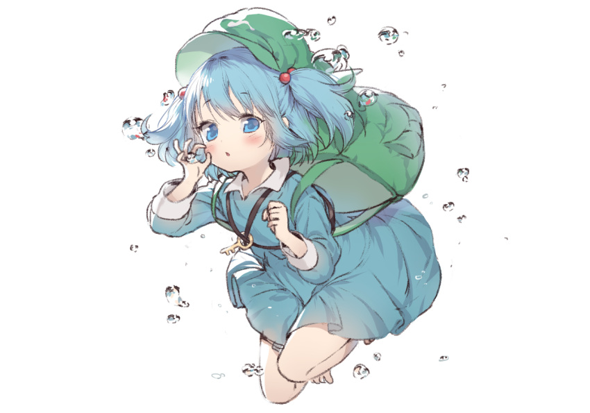 1girl backpack bag bangs bare_legs barefoot blue_dress blue_eyes blue_hair blush bubble cabbie_hat collared_shirt commentary_request dress eyebrows_visible_through_hair full_body gimt green_backpack green_headwear hair_bobbles hair_ornament hat kawashiro_nitori key legs_up long_sleeves looking_at_viewer medium_hair parted_lips pocket rakuka shirt simple_background solo strap swept_bangs thighs touhou two_side_up underwater white_background