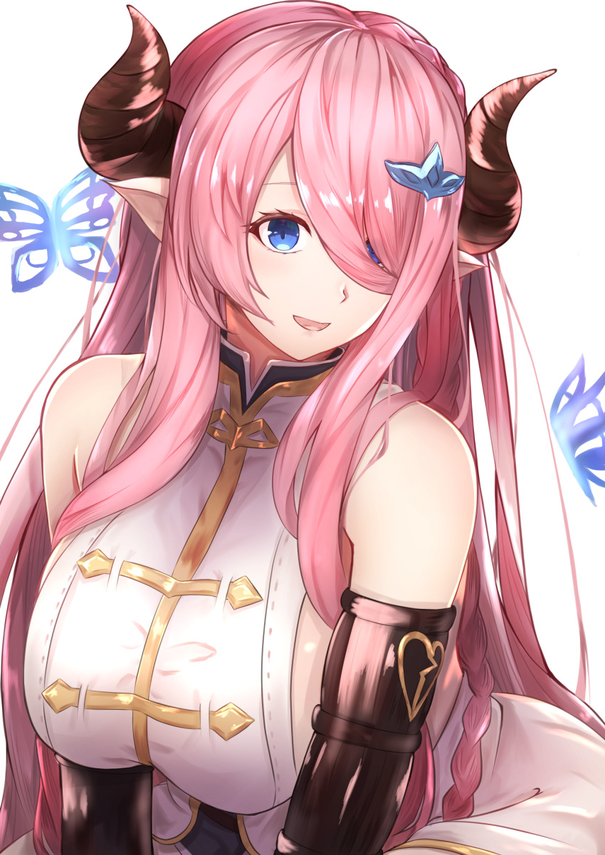 1girl animal_print bare_shoulders blue_eyes breasts butterfly_print commentary_request draph granblue_fantasy hair_ornament hair_over_one_eye highres horns large_breasts lavender_hair long_hair looking_at_viewer narmaya_(granblue_fantasy) pointy_ears shun'en_(homura0620alicia) simple_background smile solo white_background