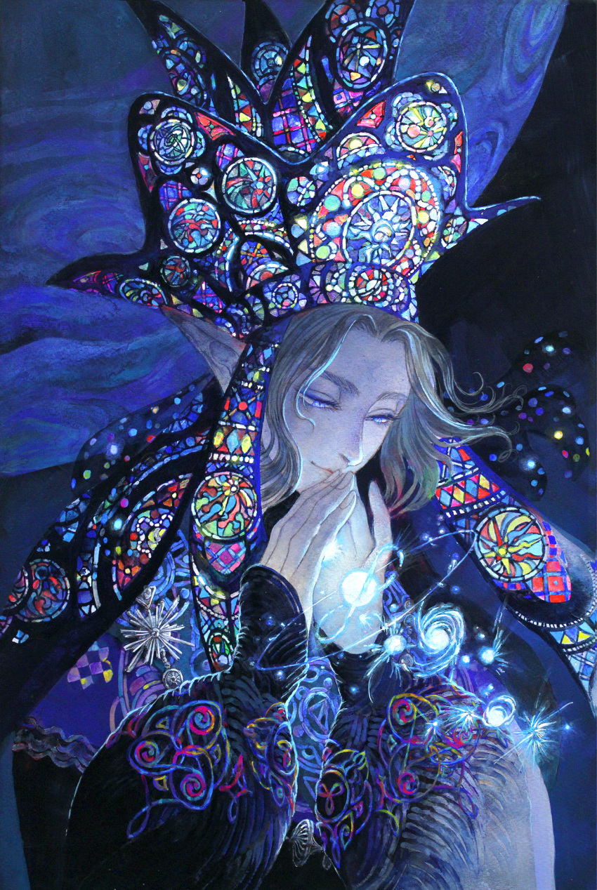 1boy acrylic_paint_(medium) androgynous blonde_hair blue_eyes blue_theme closed_mouth embroidery eyelashes glowing glowing_eyes half-closed_eyes hands_clasped hat highres jewelry long_sleeves looking_away looking_down magic micho original own_hands_together pointy_ears praying puffy_long_sleeves puffy_sleeves sleeves_past_wrists smile solo stained_glass traditional_media upper_body veil