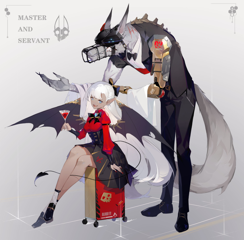 1boy 1girl absurdres animal_ears ankle_socks bat_wings black_footwear black_legwear black_skirt blood blue_eyes bow bowing bowtie braid breasts butler cocktail_glass collar collared_shirt corset cubies_(tiger_205) cup dark_skin demon_tail drinking_glass english_commentary english_text fangs french_braid high-waist_skirt highres loafers long_hair long_sleeves looking_at_viewer mechanical_arm medium_breasts nail_polish neck_ribbon open_mouth original pleated_skirt pointy_ears red_nails red_shirt ribbon scar shirt shoes sitting skirt smile tail vampire very_long_hair werewolf white_hair white_legwear wings wolf_ears wolf_tail