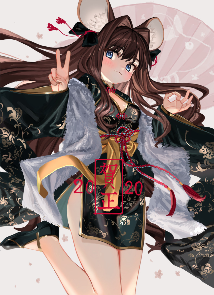 2020 animal_ears blue_eyes blush bow brown_hair china_dress chinese_clothes chinese_zodiac dress fur_scarf gold_trim green_dress green_footwear hair_bow highres long_hair luicent ok_sign original v year_of_the_rat