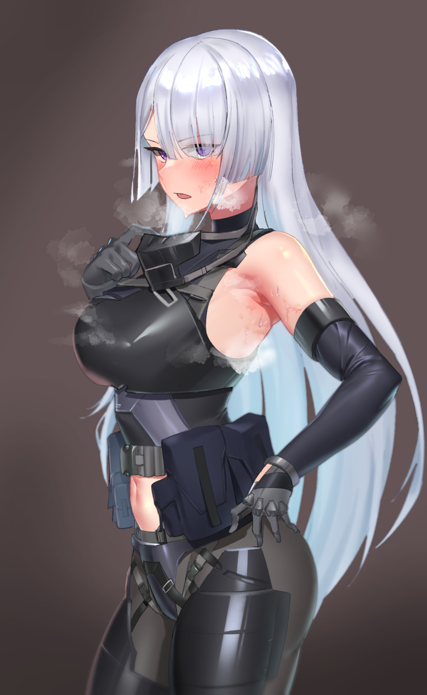 1girl ak-15_(girls_frontline) armpits bangs bare_shoulders belt black_gloves blush breasts elbow_gloves eyebrows_visible_through_hair girls_frontline gloves hair_over_one_eye highres long_hair looking_at_viewer midriff navel open_mouth pouch simple_background solo sweat uleuleuleu very_long_hair violet_eyes