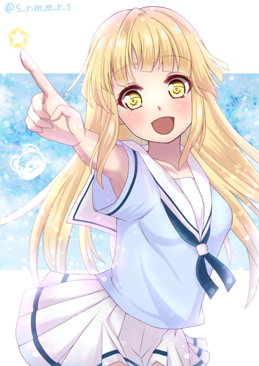 1girl :d bang_dream! bangs blonde_hair blue_neckwear blue_shirt blush collarbone collared_shirt eyebrows_visible_through_hair floating_hair hanasakigawa_school_uniform head_tilt highres index_finger_raised long_hair luxunshangxiang miniskirt open_mouth outstretched_arm pleated_skirt sailor_collar sailor_shirt school_uniform shirt short_sleeves skirt smile solo standing tsurumaki_kokoro very_long_hair white_sailor_collar white_skirt yellow_eyes