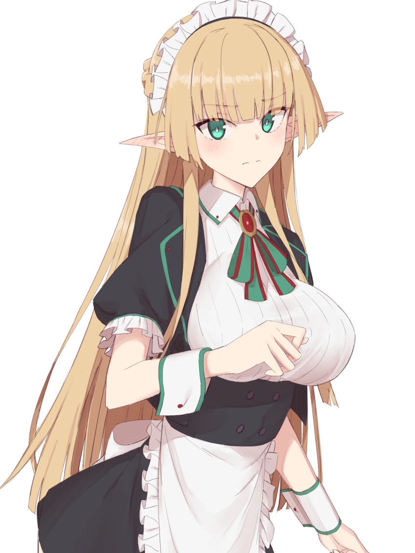 1girl bangs blonde_hair blush breasts commentary_request elfenlied22 eyebrows_visible_through_hair green_eyes green_neckwear green_ribbon highres large_breasts long_hair looking_at_viewer maid_dress maid_headdress original red_neckwear red_ribbon ribbon short_sleeves simple_background solo two-tone_ribbon white_background