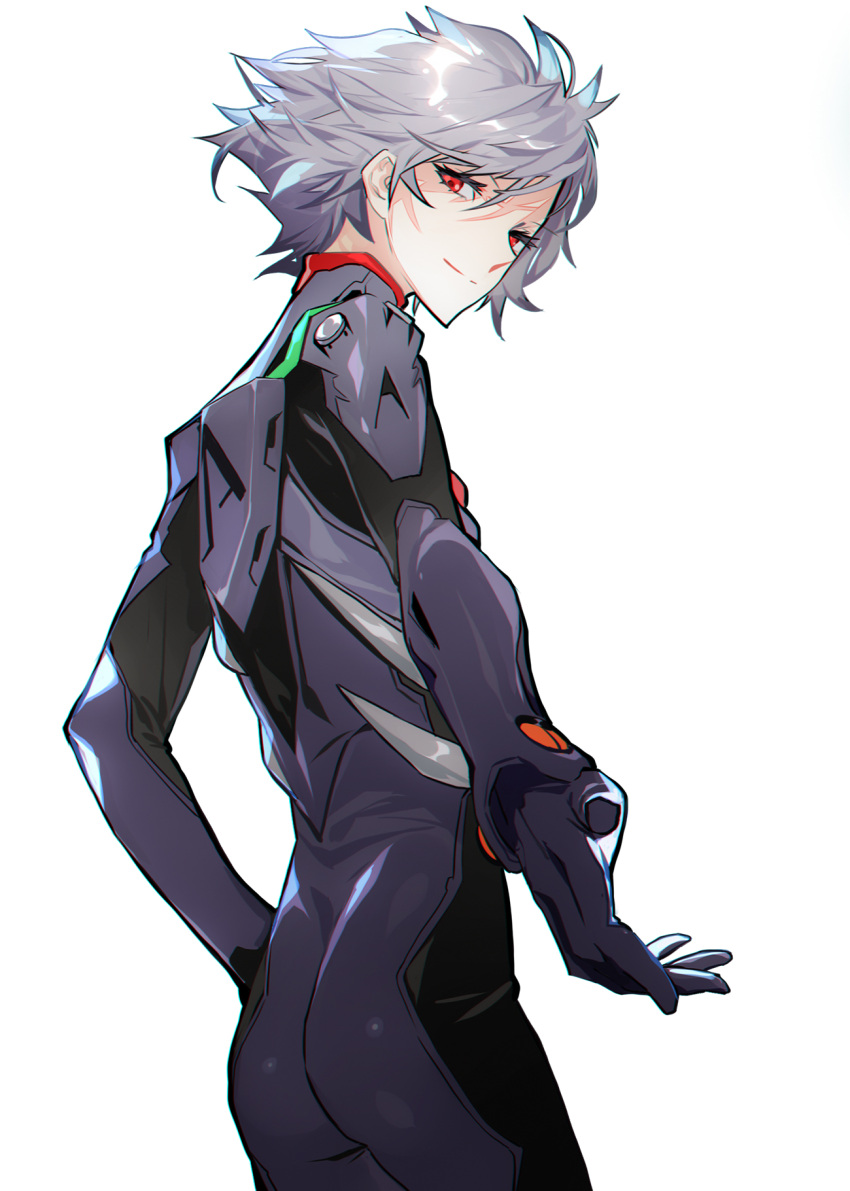 1boy cowboy_shot evangelion:_3.0_you_can_(not)_redo from_behind grandialee highres looking_at_viewer nagisa_kaworu neon_genesis_evangelion outstretched_hand plugsuit rebuild_of_evangelion red_eyes silver_hair solo tagme white_background