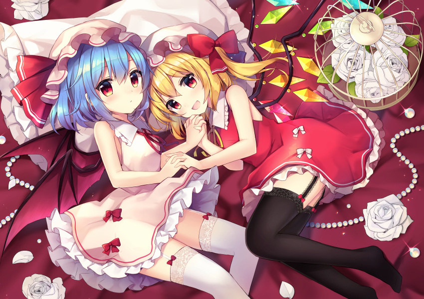 2girls :d absurdres alternate_costume bare_arms bat_wings birdcage blonde_hair blue_hair blush breasts cage commentary_request dress eyebrows_visible_through_hair feet feet_out_of_frame flandre_scarlet flower frilled_dress frills hair_between_eyes hat hat_ribbon highres holding_hands huge_filesize looking_at_viewer lying mob_cap multiple_girls open_mouth pearl_(gemstone) petals pillow red_eyes remilia_scarlet ribbon rose ruhika short_hair skirt small_breasts smile thigh-highs touhou white_flower white_rose wings zettai_ryouiki