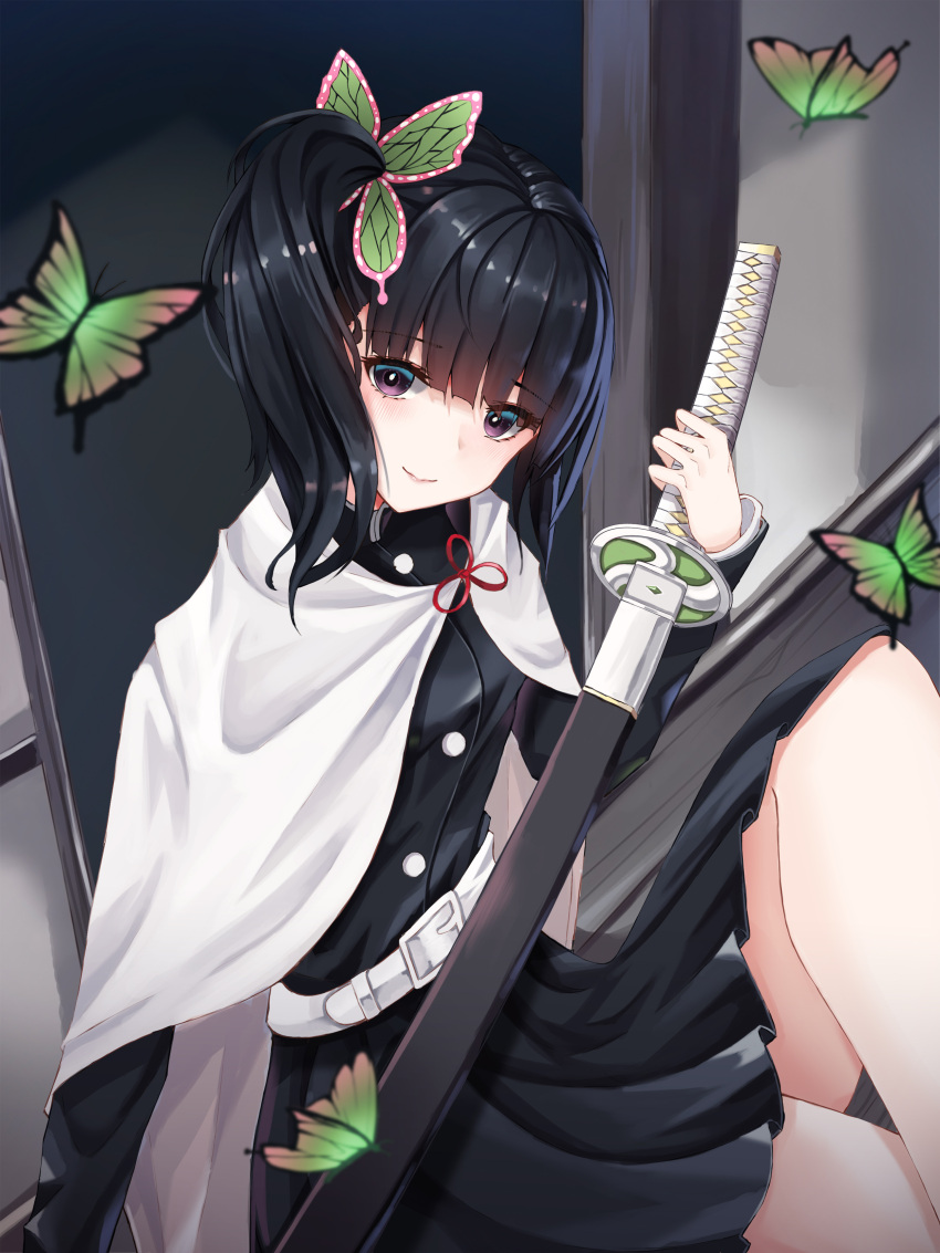 1girl absurdres bangs black_hair black_jacket black_skirt blunt_bangs blurry_foreground bug butterfly butterfly_hair_ornament cape closed_mouth cup6542 eyebrows_visible_through_hair green_butterfly hair_ornament head_tilt highres holding holding_sword holding_weapon insect jacket katana kimetsu_no_yaiba long_hair long_sleeves miniskirt pleated_skirt red_ribbon ribbon sheath sheathed shiny shiny_hair side_ponytail sitting skirt smile solo sword tsuyuri_kanao violet_eyes weapon white_cape