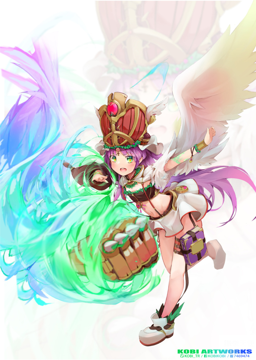 1girl absurdres bangs book commentary_request copyright_request eyebrows_visible_through_hair gem green_eyes hat highres long_hair looking_at_viewer midriff navel piliheros2000 purple_hair red_headwear skirt smile solo white_footwear white_skirt white_wings wings