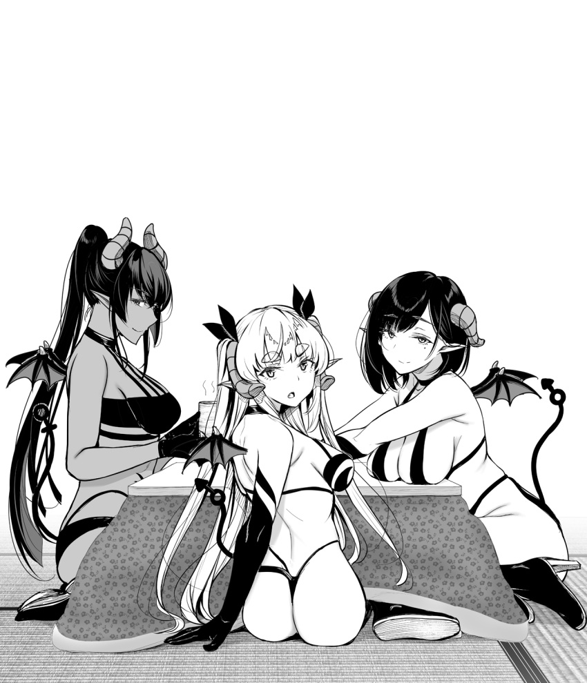 3girls :o ass bangs bare_shoulders breast_rest breasts choker commentary_request dark_skin demon_girl demon_tail demon_wings elbow_gloves eyebrows_visible_through_hair gentsuki gloves greyscale hair_ribbon high_heels highres horns kotatsu large_breasts lily_(gentsuki) long_hair looking_at_viewer maha_(gentsuki) mars_symbol medium_breasts mini_wings mole mole_under_eye monochrome multiple_girls pointy_ears ponytail profile ribbon shachiku_succubus_no_hanashi sheth_(gentsuki) short_hair simple_background sitting smile succubus table tail tatami thick_eyebrows twintails venus_symbol very_long_hair white_background wings