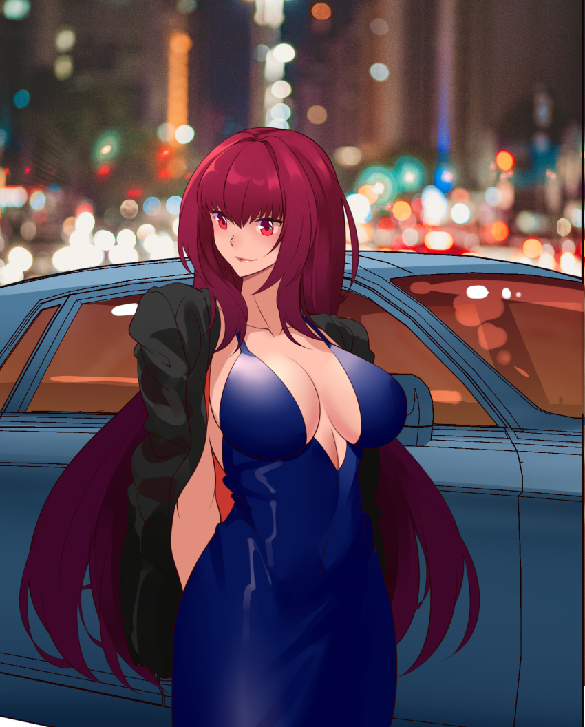 1girl bangs blush breasts dress fate/grand_order fate_(series) hair_between_eyes hair_intakes highres large_breasts long_hair looking_at_viewer purple_hair red_eyes scathach_(fate)_(all) scathach_(fate/grand_order) shijie_jianfa solo