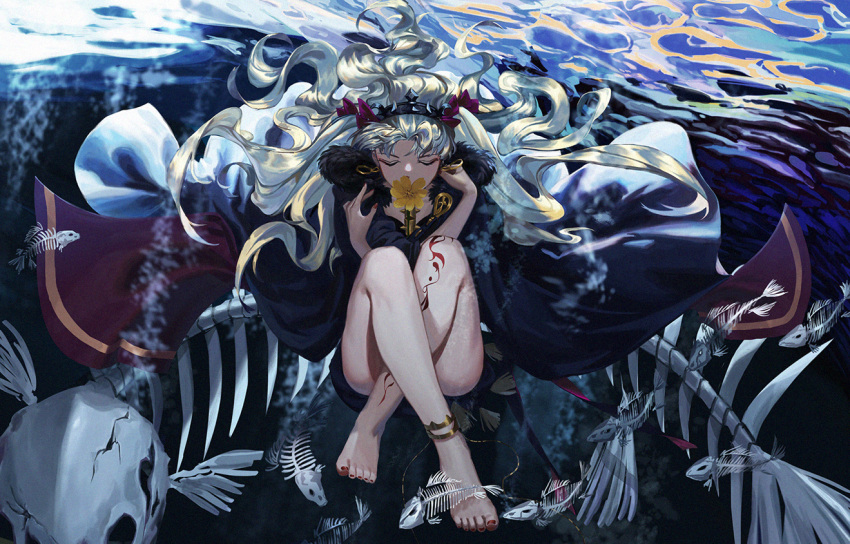 1girl anklet artist_request bangs black_cape blonde_hair cape chain chinese_commentary closed_eyes commentary_request covered_mouth crack dark earrings ereshkigal_(fate/grand_order) fate/grand_order fate_(series) fingernails fish_bone fish_skeleton floating floating_hair floating_object flower full_body fur-trimmed_cape fur_trim gold_chain gold_trim hair_ribbon hair_spread_out hoop_earrings infinity jewelry knees_to_chest leg_tattoo long_fingernails long_hair multicolored multicolored_cape multicolored_clothes nail_polish parted_bangs partial_commentary red_cape red_nails red_ribbon ribbon self_hug sitting skull solo spine submerged tassel tattoo tiara toenail_polish two-tone_cape two_side_up underwater very_long_hair yellow_flower