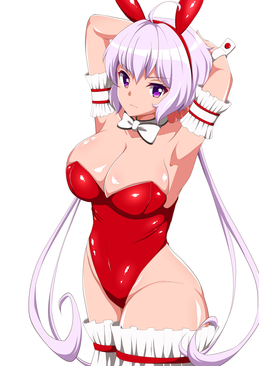 1girl absurdres ahoge animal_ears armpits arms_up blush bow bowtie breasts bunny_girl bunny_tail bunnysuit covered_navel detached_collar highres large_breasts lavender_hair leotard long_hair looking_at_viewer low_twintails rabbit_ears red_leotard scrunchie senki_zesshou_symphogear shiny shiny_hair shiny_skin simple_background solo standing strapless strapless_leotard tail tonbury twintails violet_eyes white_background wrist_cuffs yukine_chris