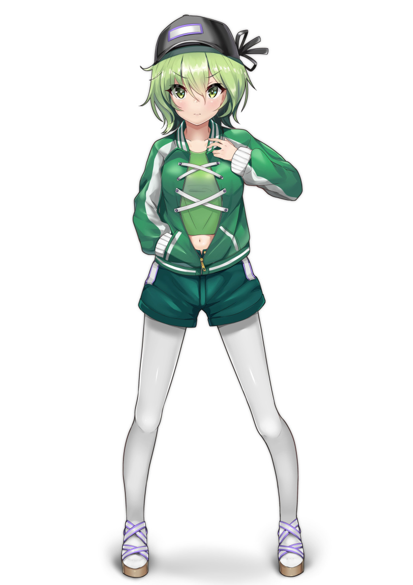 1girl absurdres adapted_costume belly_peek black_headwear breasts brown_footwear collarbone commentary_request green_eyes green_hair green_jacket green_shorts hat highres jacket long_sleeves medium_breasts medium_hair navel pantyhose satobitob shadow shoes short_shorts shorts simple_background soga_no_tojiko solo standing touhou white_background white_legwear