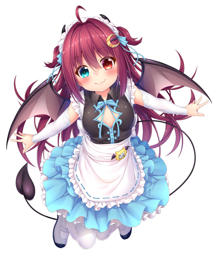 1girl absurdres apron aqua_eyes bat_hair_ornament black_shirt blue_skirt breasts brown_wings closed_mouth commentary_request crescent crescent_hair_ornament demon_girl demon_horns demon_tail demon_wings detached_sleeves fang fang_out frilled_apron frilled_skirt frills full_body hair_ornament heart heart_in_eye heterochromia highres horns long_sleeves maid_headdress nijisanji pantyhose pleated_skirt red_eyes redhead ribbon-trimmed_apron ribbon_trim shirt shoes simple_background skirt small_breasts smile solo symbol_in_eye tail two_side_up uwabaki virtual_youtuber waist_apron wakagi_repa white_apron white_background white_footwear white_legwear white_sleeves wings yuzuki_roa