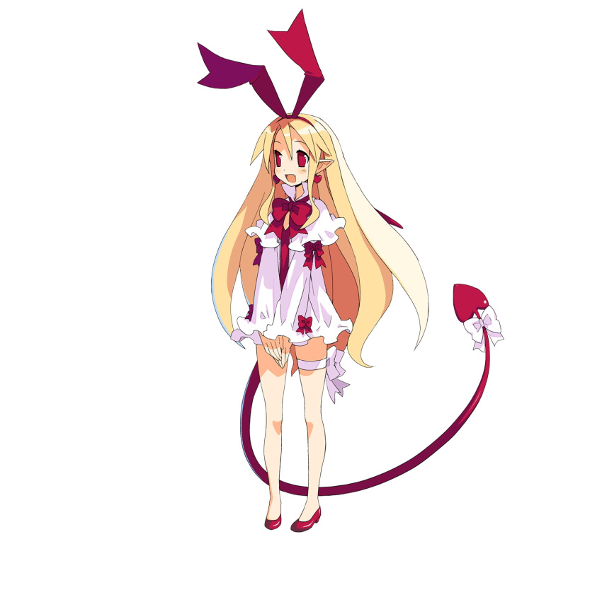 1girl blonde_hair demon_girl demon_tail demon_wings disgaea earrings flonne flonne_(fallen_angel) full_body hairband hands_together harada_takehito heart heart_earrings highres jewelry long_hair long_sleeves official_art open_mouth pointy_ears red_eyes red_footwear ribbon simple_background solo standing tail tail_ribbon thigh_ribbon v_arms white_background wings