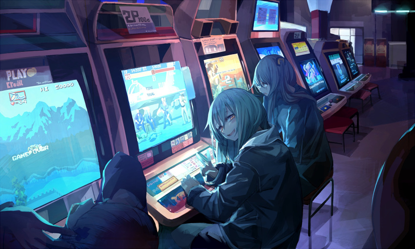 3girls arcade arcade_cabinet arcade_stick brown_hair castlevania chair controller copyright_request dark_room english_text g11_(girls_frontline) game_controller girls_frontline happy highres hk416_(girls_frontline) jacket joystick miyabino_(miyabi1616) multiple_girls playing_games silver_hair street_fighter street_fighter_ii_(series) ump45_(girls_frontline) v