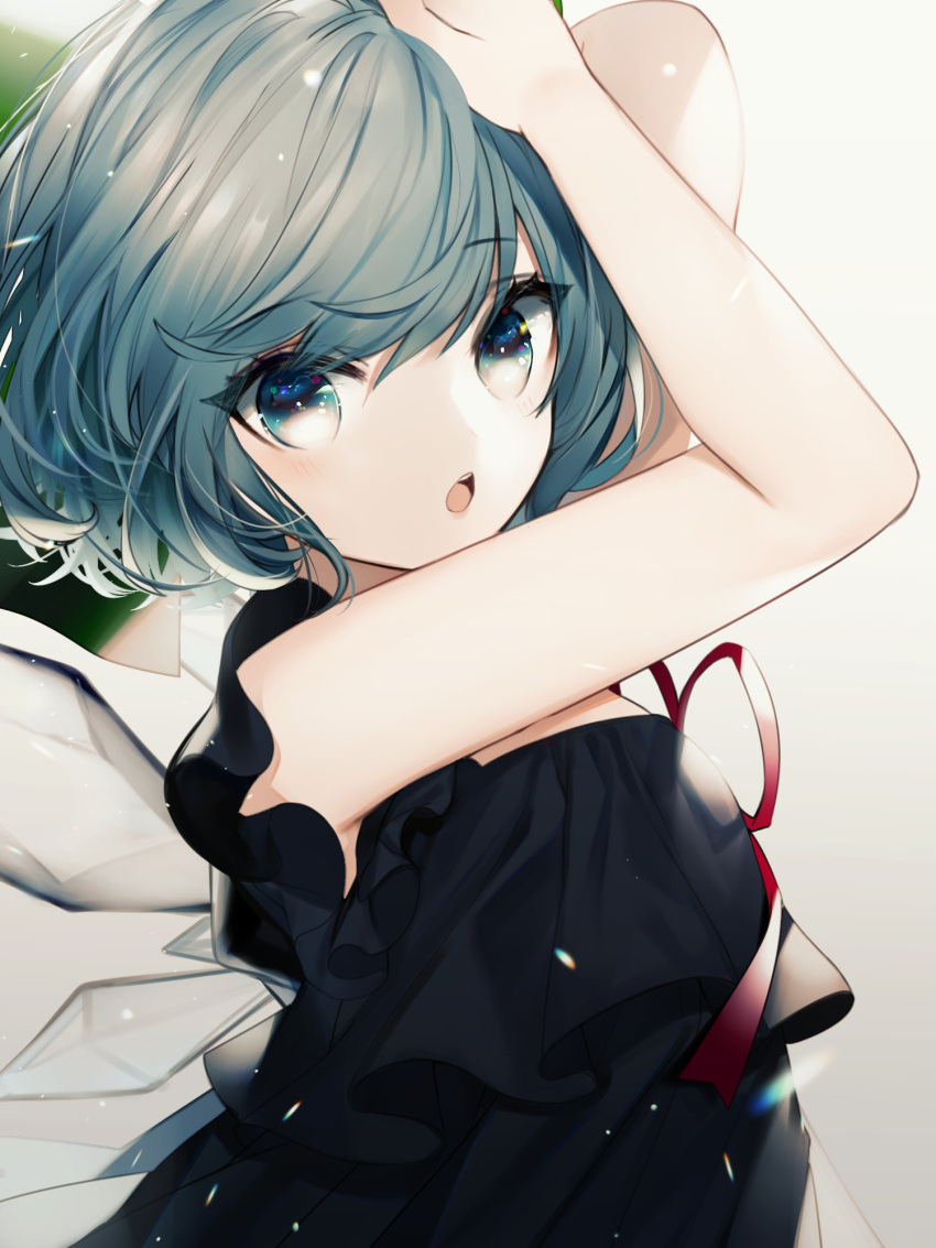 1girl :o arms_up bangs bare_arms bare_shoulders blue_dress blue_eyes blue_hair cirno commentary daimaou_ruaeru dress eyebrows_visible_through_hair grey_background hair_between_eyes highres ice ice_wings looking_at_viewer open_mouth red_neckwear red_ribbon ribbon short_hair sleeveless sleeveless_dress solo touhou upper_body wings