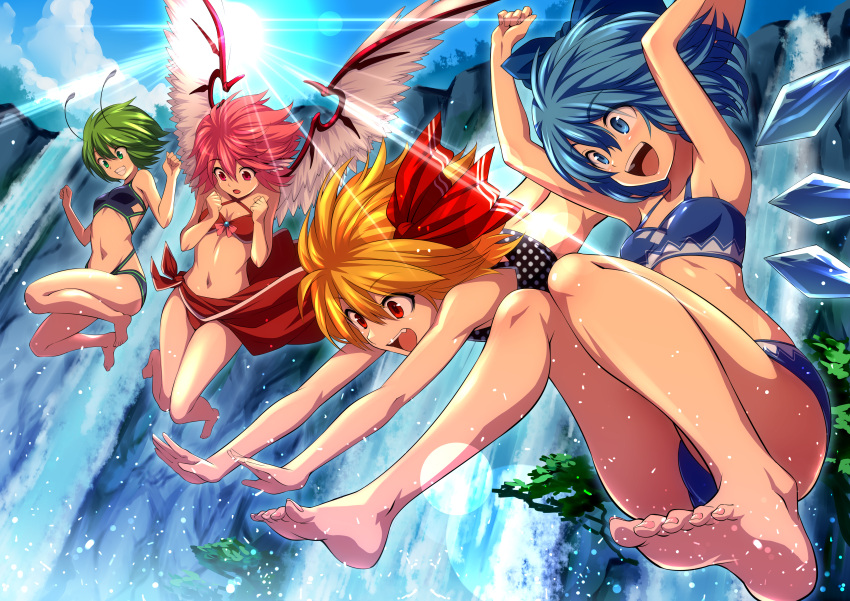 4girls :d absurdres antennae arms_up ass bangs bare_arms bare_legs bare_shoulders barefoot bikini black_bikini blonde_hair blue_bikini blue_bow blue_eyes blue_hair blue_sky bow breasts brooch cirno clenched_hands clouds criss-cross_halter day dive eyebrows_visible_through_hair fang feathered_wings feet full_body green_eyes green_hair grin hair_between_eyes hair_bow hair_ribbon halterneck hands_up head_wings highres hijikawa_arashi ice ice_wings jewelry jumping knees_up lens_flare light_rays multiple_girls mystia_lorelei navel no_hat no_headwear open_mouth outdoors pink_bow pink_hair polka_dot polka_dot_bikini red_bikini red_eyes red_ribbon ribbon rumia sarong short_hair sky small_breasts smile stomach sun swimsuit team_9 thighs touhou water waterfall wings wriggle_nightbug