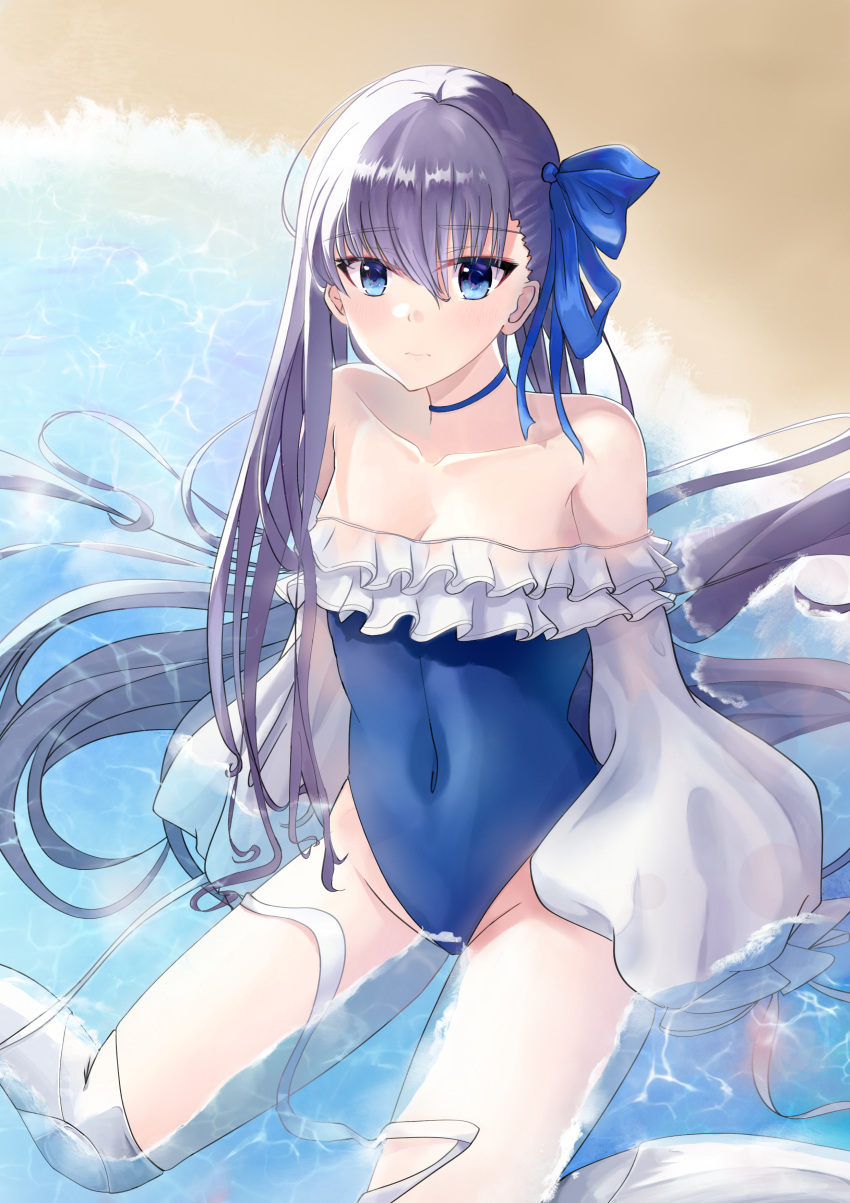 1girl absurdres aikawa_lotus bangs bare_shoulders blue_eyes blue_ribbon blue_swimsuit blush breasts choker closed_mouth collarbone covered_navel fate/grand_order fate_(series) greaves hair_between_eyes hair_ribbon highres huge_filesize long_hair looking_at_viewer meltryllis meltryllis_(swimsuit_lancer)_(fate) one-piece_swimsuit prosthesis prosthetic_leg puffy_sleeves purple_hair ribbon sitting sleeves_past_fingers sleeves_past_wrists small_breasts solo swimsuit thighs wariza water