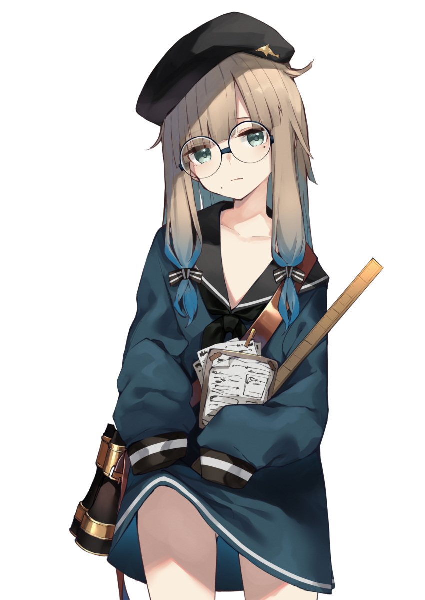 1girl binoculars black_headwear brown_hair captain_nemo_(fate/grand_order) commentary_request cowboy_shot dress fate/grand_order fate_(series) glasses gradient_hair green_eyes head_tilt highres holding long_hair long_sleeves looking_at_viewer mole mole_under_eye mole_under_mouth multicolored_hair neckerchief round_eyewear sailor_collar sailor_dress simple_background sleeves_past_fingers sleeves_past_wrists solo thighs white_background yuuuuu