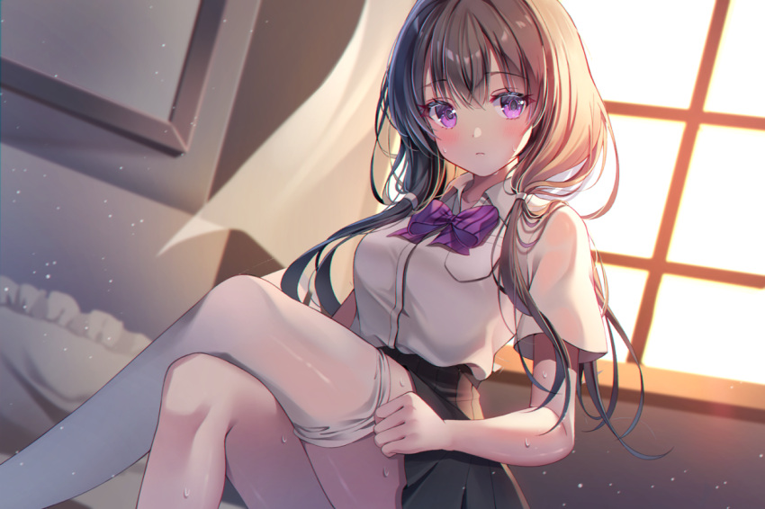 1girl bed bedroom black_hair blush closed_mouth day gin_(gin937) indoors long_hair original pink_eyes ribbon school_uniform serious sitting skirt solo sweat thigh-highs thighs twintails undressing uniform window zettai_ryouiki