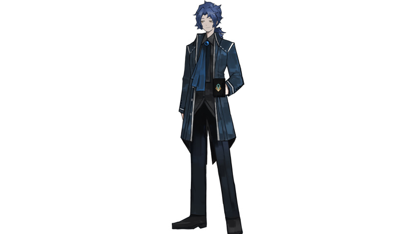 1boy blue_hair brooch chesed_(library_of_ruina) coat cup highres jewelry library_of_ruina logo long_coat looking_to_the_side medium_hair messy_hair mug official_art open_clothes open_coat simple_background smile solo yellow_eyes