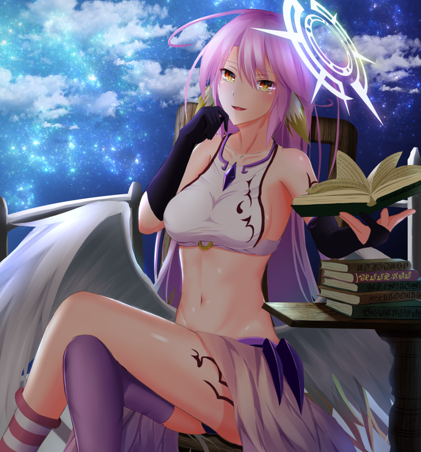 +_+ 1girl :d absurdres angel_wings arm_tattoo bangs bare_shoulders blush book book_stack breasts chair clouds collarbone commentary_request cowboy_shot cross crossed_legs elbow_gloves eyebrows_visible_through_hair feathered_wings gloves gradient_hair groin hair_between_eyes halo hand_on_own_face highres holding holding_book huge_filesize jibril_(no_game_no_life) large_breasts leg_tattoo long_hair looking_at_viewer low_wings magic_circle masamune_tokunaga midriff mismatched_legwear multicolored multicolored_eyes multicolored_hair navel no_game_no_life open_book open_mouth panties pink_hair pink_shirt purple_gloves purple_legwear purple_panties railing shirt sideboob sidelocks single_bridal_gauntlet single_elbow_glove single_sock single_thighhigh sitting sky sleeveless sleeveless_shirt smile socks solo star_(sky) starry_sky striped striped_legwear symbol-shaped_pupils table tattoo taut_clothes taut_shirt thigh-highs underwear waist_cape white_wings wing_ears wings