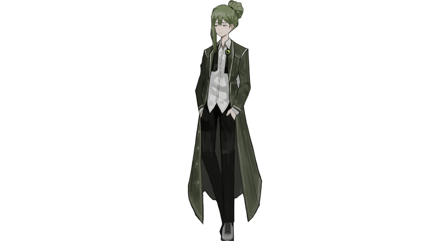 1boy brooch buttons coat green_hair hands_in_pockets highres jewelry library_of_ruina long_coat looking_to_the_side medium_hair netzach_(library_of_ruina) official_art open_clothes open_coat ponytail shirt simple_background solo yellow_eyes