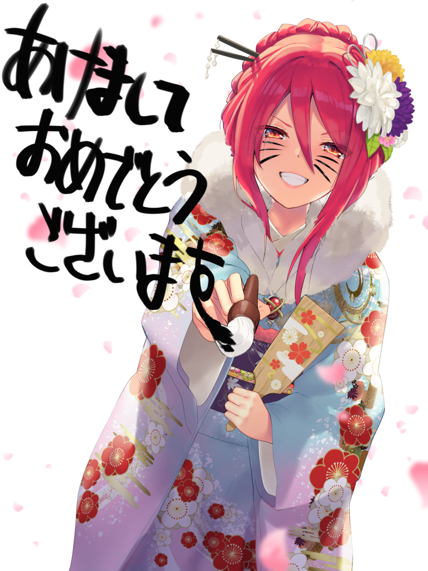 brush calligraphy calligraphy_brush face_painting hagoita hanetsuki highres holding_brush ink japanese_clothes kimono long_hair new_year ohlia paddle paintbrush red_eyes redhead shakugan_no_shana shana writing