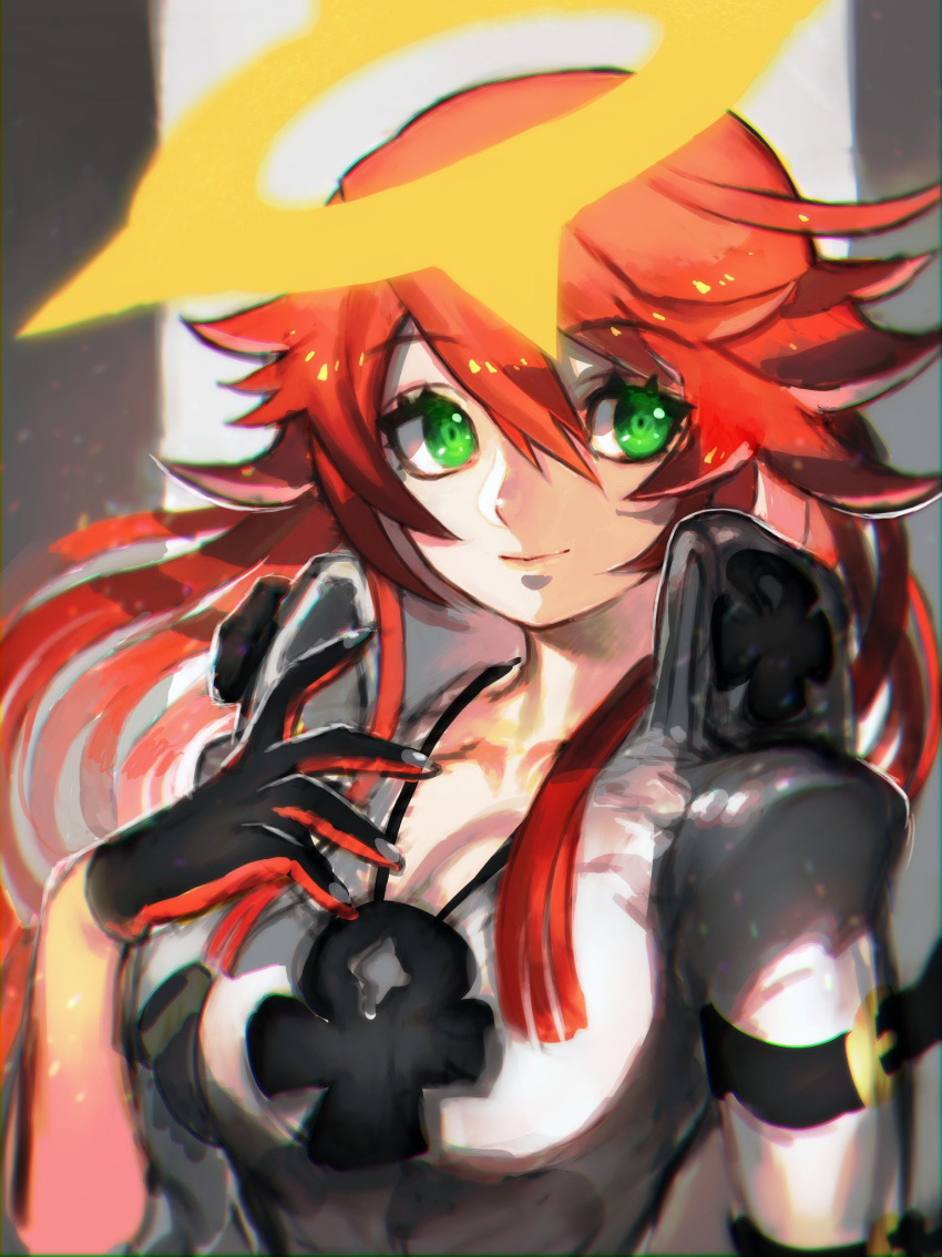 1girl ankh ankh_necklace aria_(guilty_gear) gloves green_eyes guilty_gear guilty_gear_strive hair_between_eyes halo highres jack-o'_valentine long_hair looking_at_viewer multicolored_hair orange_hair portrait two-tone_hair