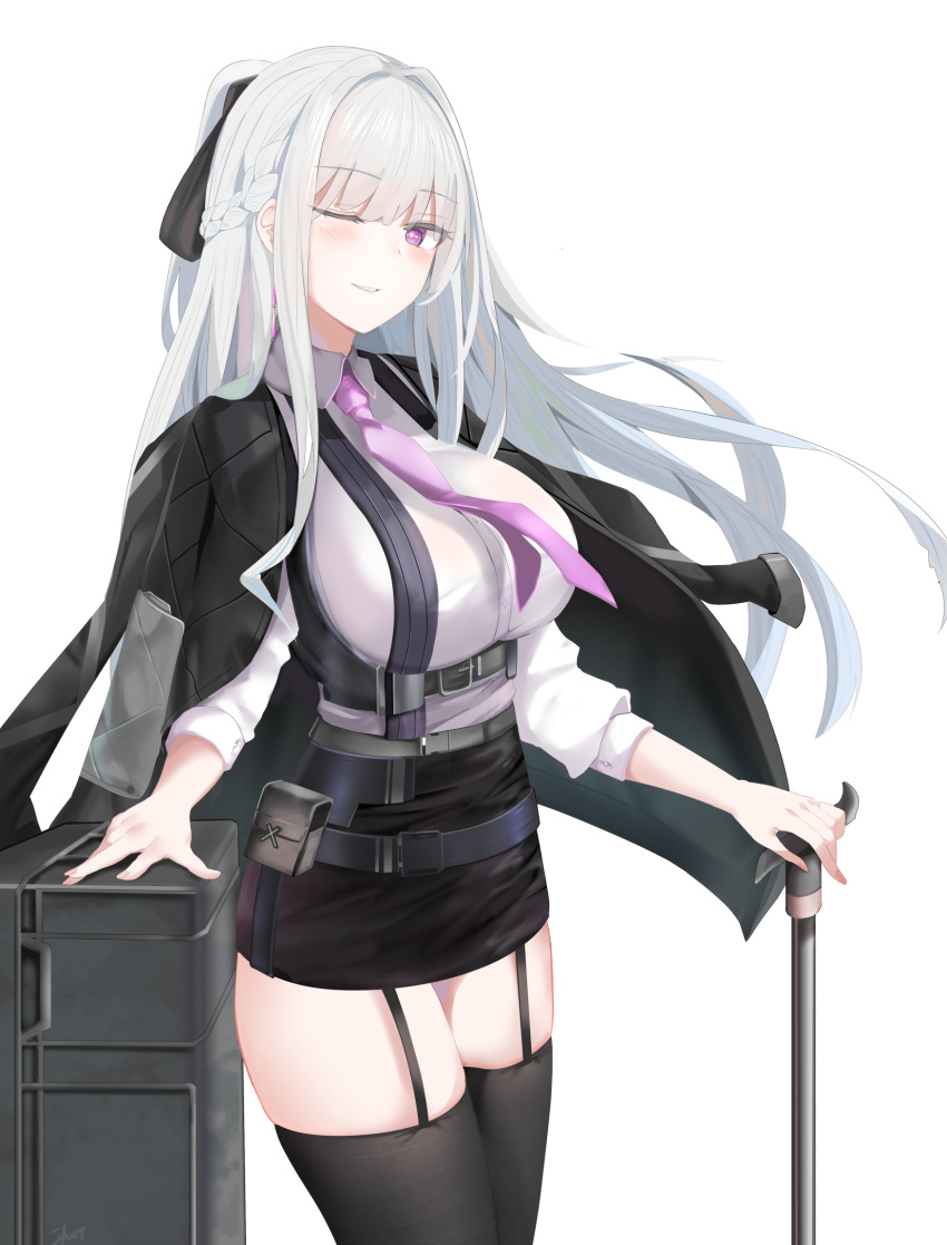 1girl ak-12_(girls_frontline) bangs belt belt_pouch black_jacket black_legwear black_ribbon black_skirt blush box breasts cane chinese_commentary collared_shirt commentary_request cowboy_shot earrings eyebrows_visible_through_hair garter_straps girls_frontline gun hair_intakes hair_ribbon highres holding_cane jacket jacket_on_shoulders jewelry large_breasts long_hair looking_at_viewer necktie one_eye_closed parted_lips pencil_skirt pouch purple_neckwear ribbon rifle ru_zhai shirt sidelocks signature silver_hair simple_background skirt solo suspender_skirt suspenders thigh-highs underbust violet_eyes weapon white_background white_shirt zettai_ryouiki