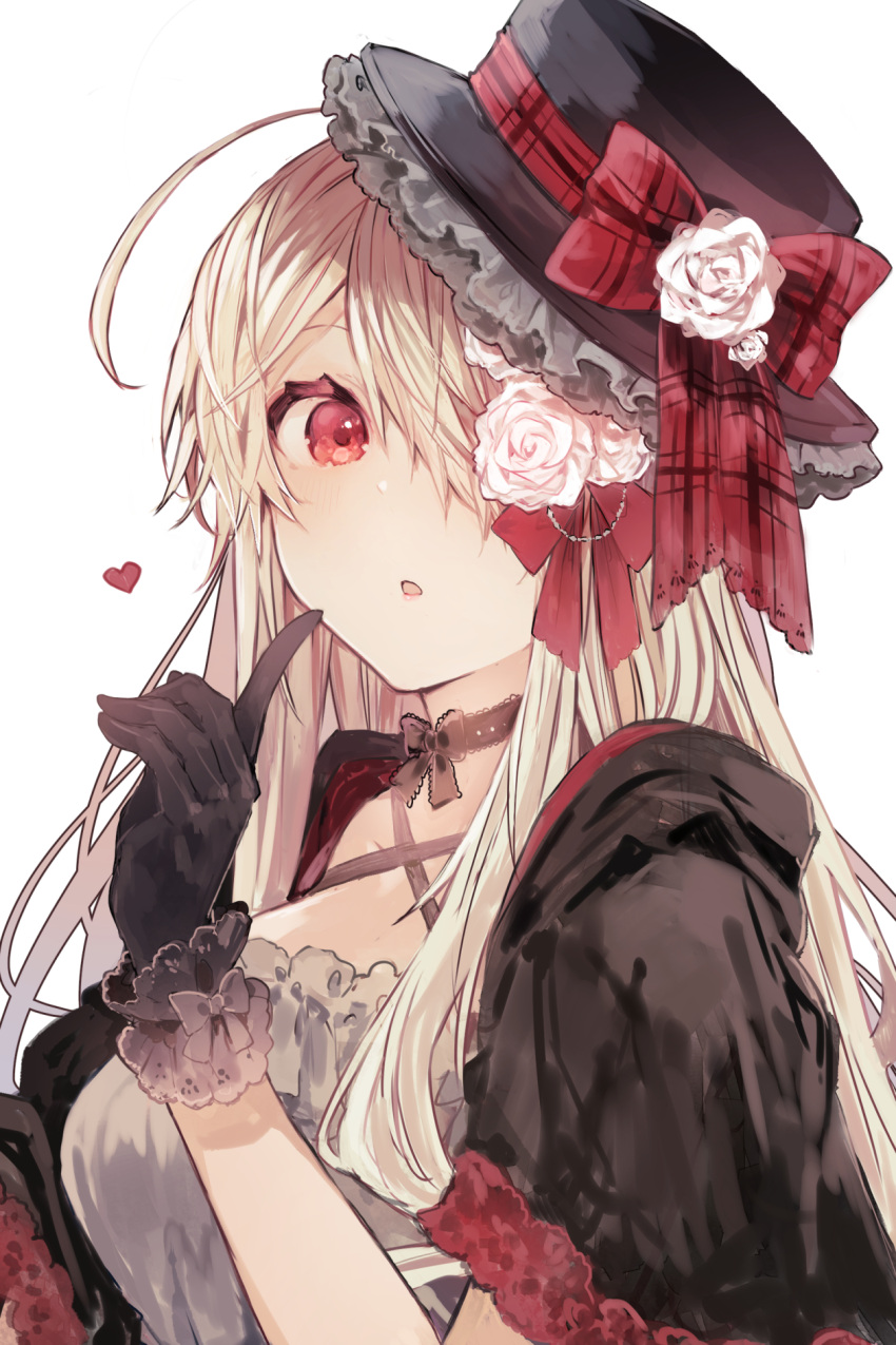 1girl :o ahoge bangs black_capelet black_choker black_gloves black_headwear blonde_hair bow breasts capelet choker commentary_request criss-cross_halter dress flower gloves hair_bow hair_flower hair_ornament hair_over_one_eye halterneck hand_up hat hat_bow hat_flower heart highres hood hood_down hooded_capelet ikeuchi_tanuma index_finger_raised long_hair looking_at_viewer medium_breasts original parted_lips plaid plaid_bow red_bow red_eyes rose simple_background solo tilted_headwear upper_body white_background white_dress white_flower white_rose