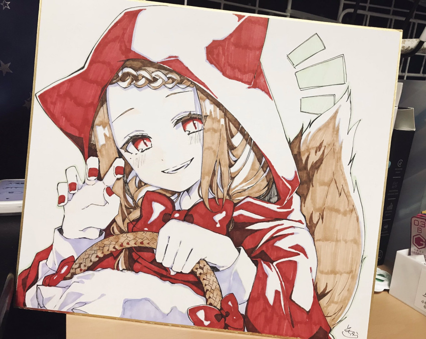 1girl animal_ears animal_hood bangs basket blush bow braid brown_hair capelet claw_pose commentary fake_animal_ears grin hands_up head_tilt highres holding holding_basket hood hood_up hooded_capelet little_red_riding_hood little_red_riding_hood_(grimm) long_sleeves looking_at_viewer nail_polish notice_lines parted_lips photo red_bow red_capelet red_eyes red_nails smile sofra solo swept_bangs symbol_commentary tail traditional_media wolf_ears wolf_girl wolf_hood wolf_tail